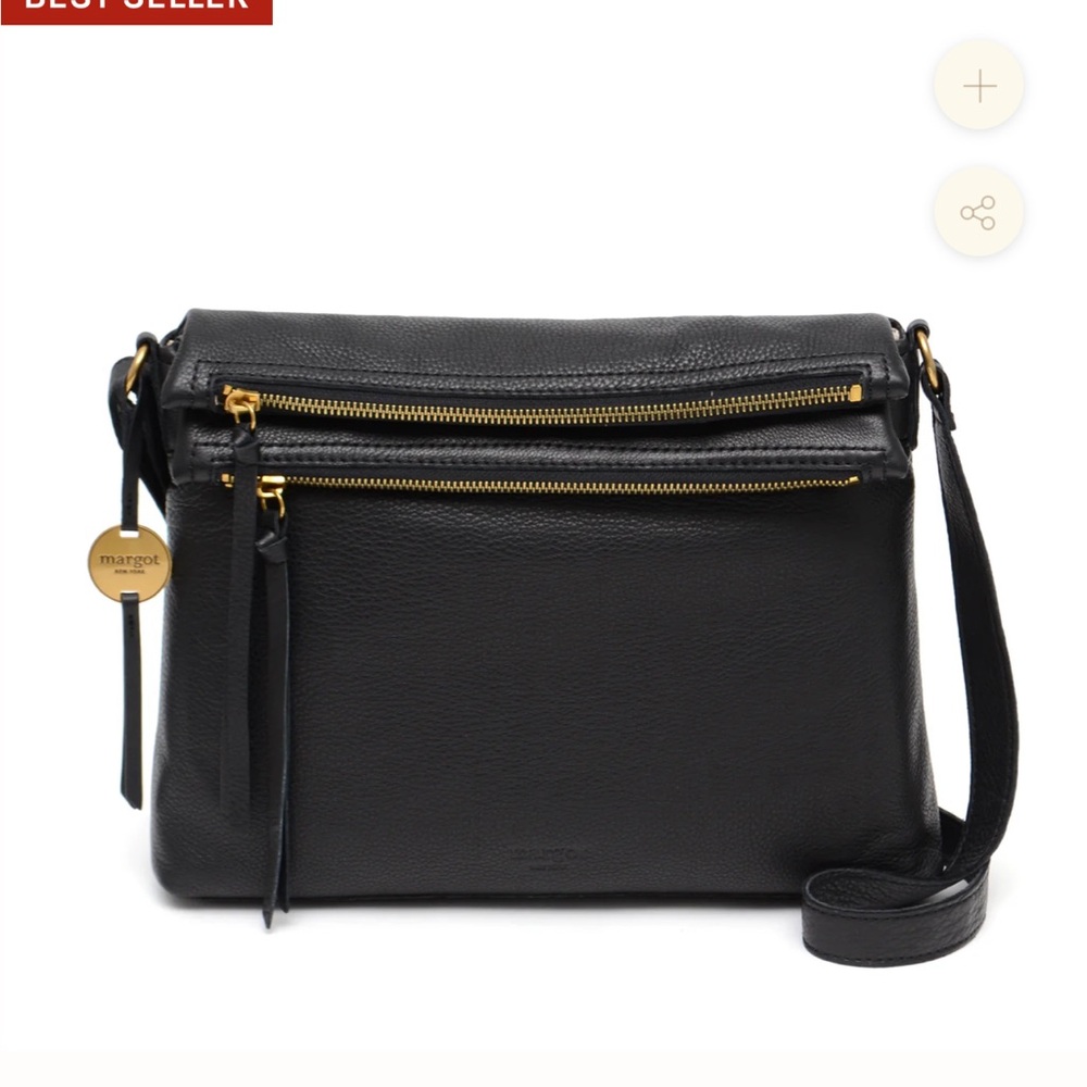 margot Black Leather Mickey double zip Crossbody with Gold Zippers
